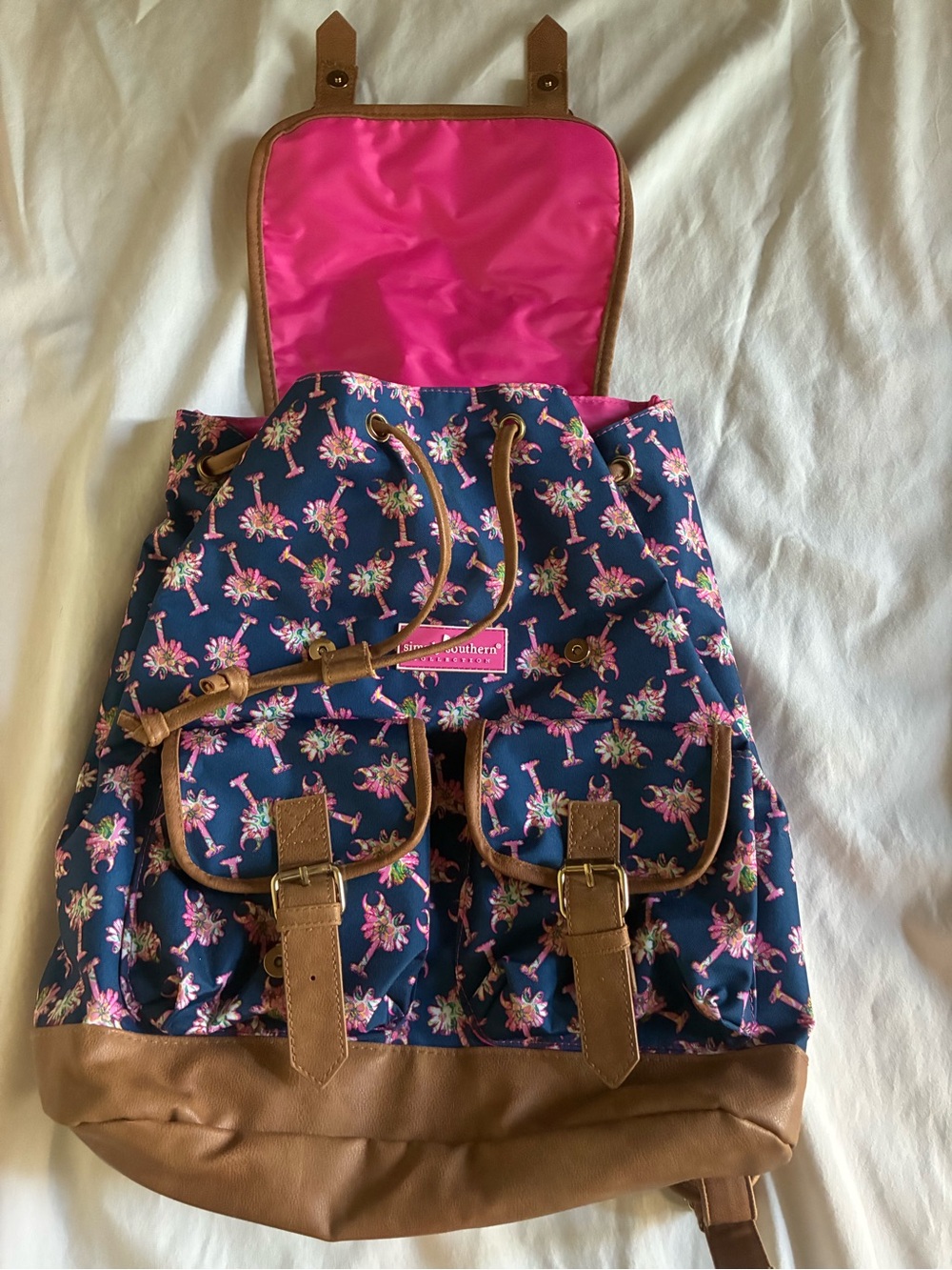 Simply Southern Navy Pink Palmetto Moon Drawstring Backpack
